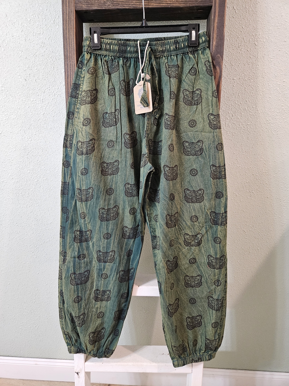 Boho Stonewashed Green Harem Pants Elastic Drawstring Waist Joggers Size L/XL
